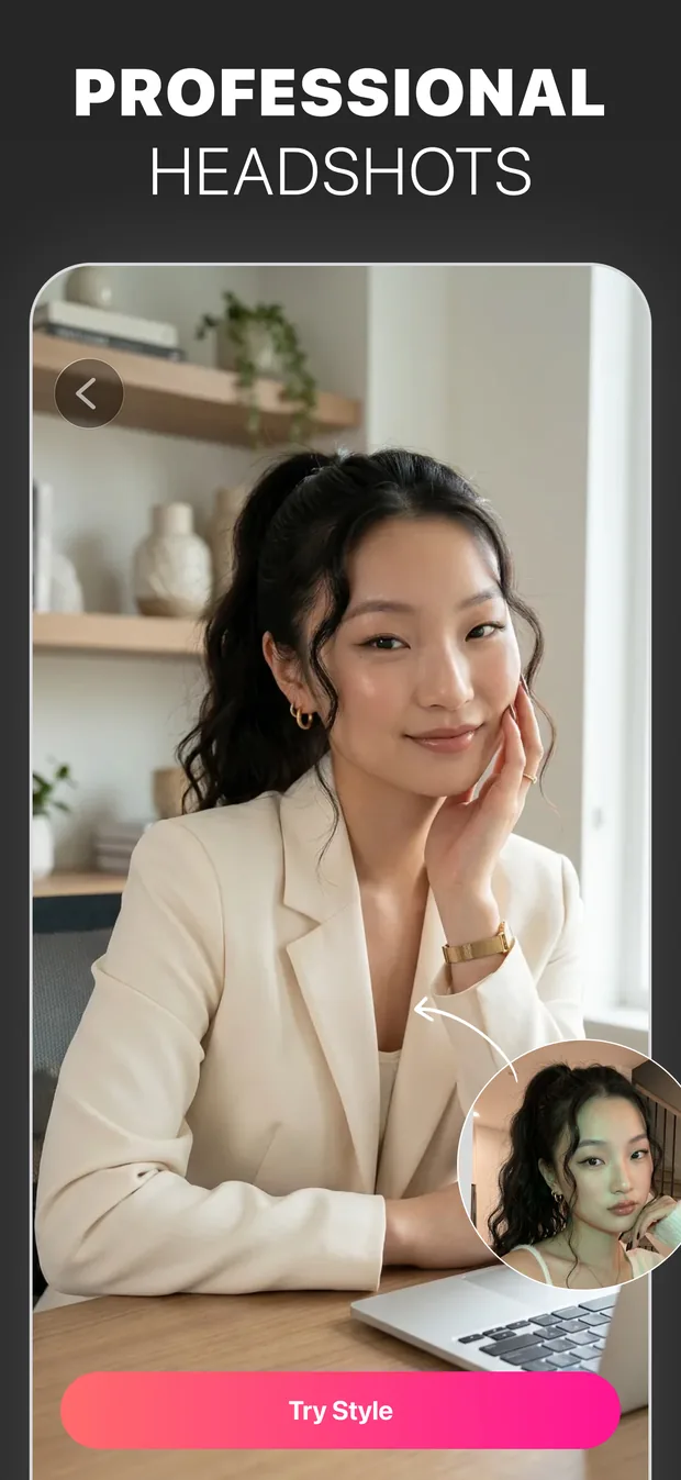 Glow AI professional headshots style: a portrait of a smiling person in a blazer at a desk